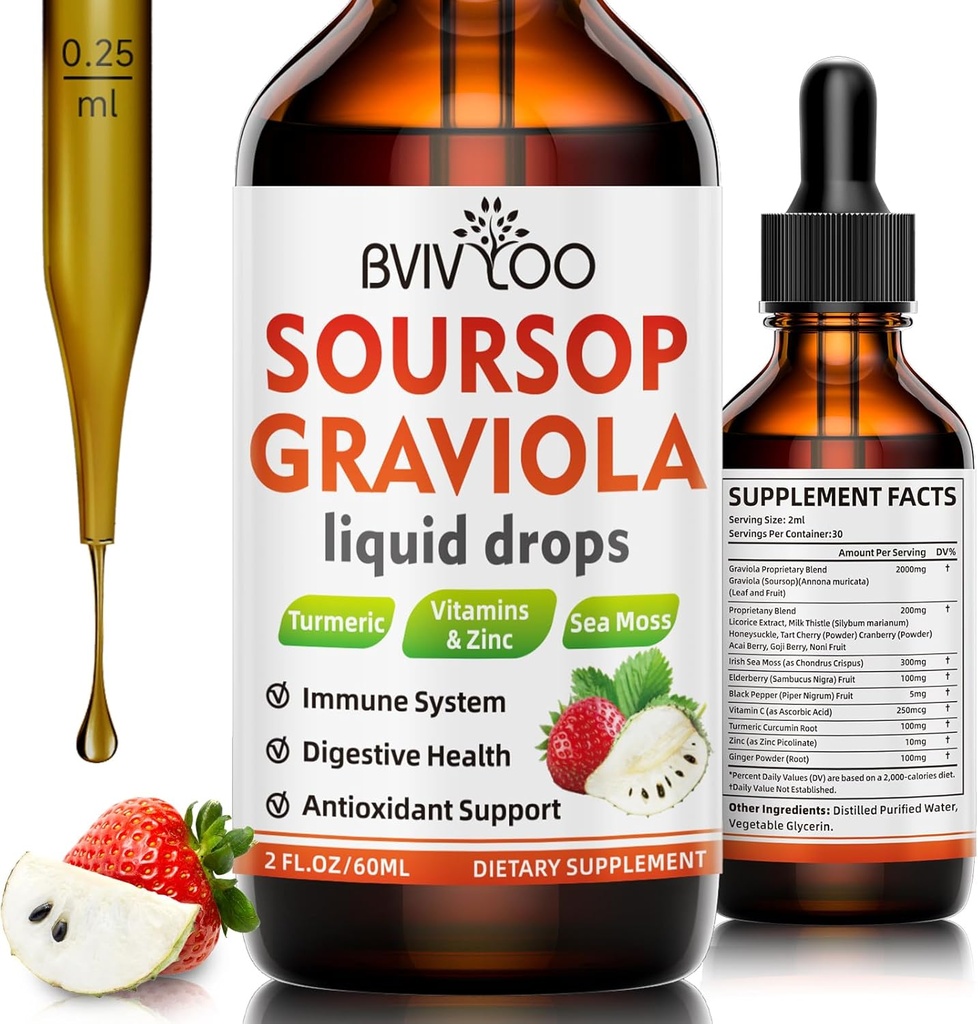 Soursop Graviola Liquid Drops for Cell Support & Rejenerasyon, Immune Boost, Relax, Liver and Sleep, Soursop Bitters Liquid, Sugar/Gluten Free, Natural Strawberries Flavor - 2 Fl Oz (60 ml) Şişe, Canlılar ve Uyku, Soursop Bitters Sıvı, Sugar/Gluten Free, Natural Strawberries Flavor - 2 Fl Oz (60 ml) Şişe