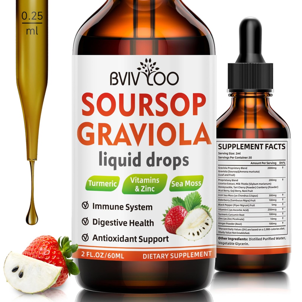 Soursop Graviola Liquid Drops for Cell Support & Rejenerasyon, Immune Boost, Relax, Liver and Sleep, Soursop Bitters Liquid, Sugar/Gluten Free, Natural Strawberries Flavor - 2 Fl Oz (60 ml) Şişe, Canlılar ve Uyku, Soursop Bitters Sıvı, Sugar/Gluten Free, Natural Strawberries Flavor - 2 Fl Oz (60 ml) Şişe