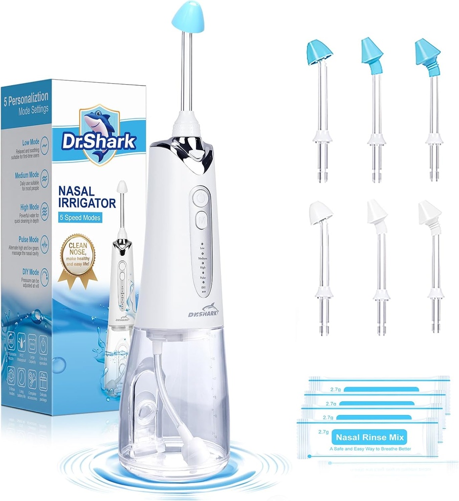 DR.SHARK Cordless Nasal Irrigation System, Electric Netting Pot for Sinus, Nose Clean, Sinus Clean Machine, 5 Modes Nasal Rinse Machine,