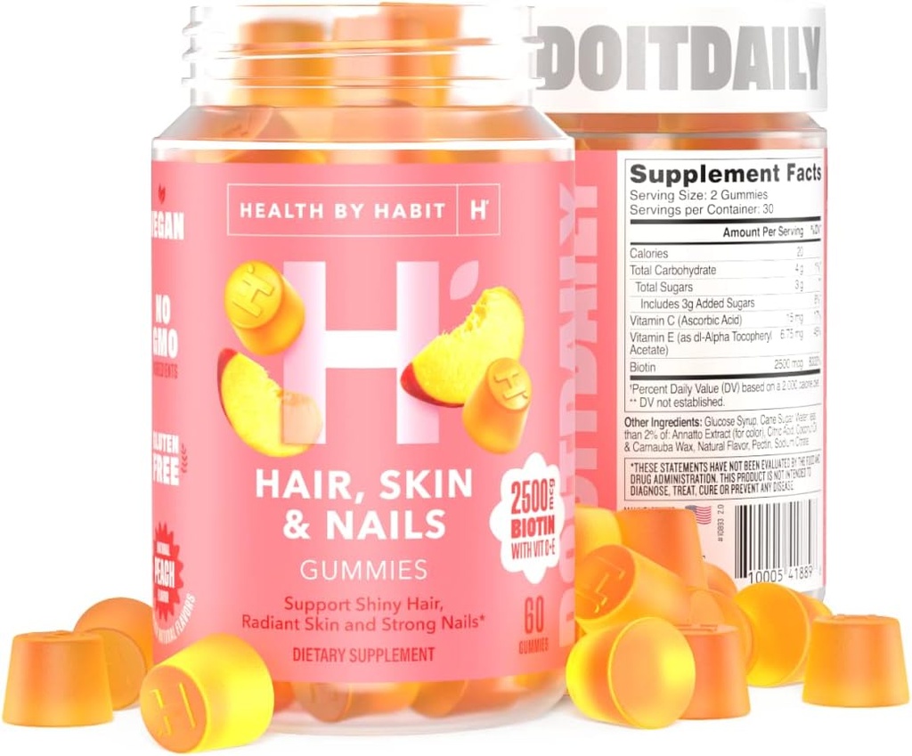 Health by Habit Hair, Skin and Nails Supplement (60 Gummies) - 2500mcg Βιοτίνη, Βιταμίνη C, Βιταμίνη Ε, Ισχυρά νύχια, Flaάκινο Γεύση, Vegan, Χωρίς γλουτένη, Μη ΓΤΟ