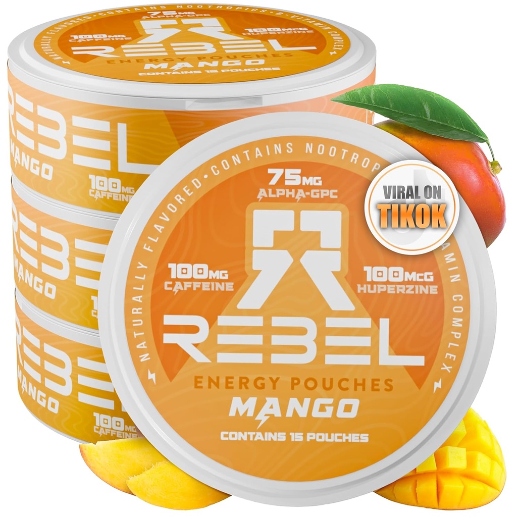 Nootropic Energy Caffeine Pouches • 100 mg Caffeine • Alfa GPC • Huperzine A & Essential Vitaminler • Sugar-Free • Coconut Fiber Teknolojisi • Mango Flavor • 15 Pouches Per Can (Pack of 4)