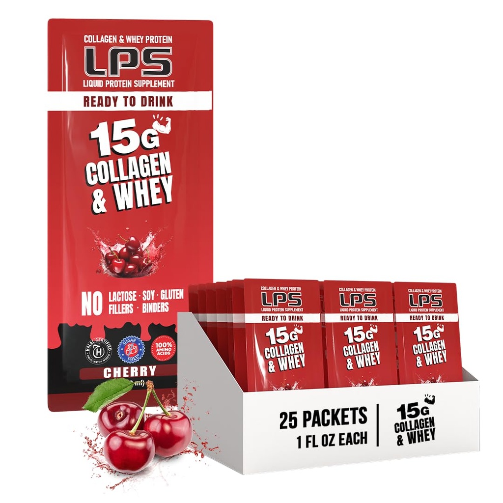 Beslenme Tasarımları LPS Sıvı Collagen & Whey protein Supplement - Non-GMO Drink, Sugar-Free - Erkekler ve Kadınlar için sağlıklı Skin & Saçları teşvik eder, Cherry, Single Care (25 Packets)