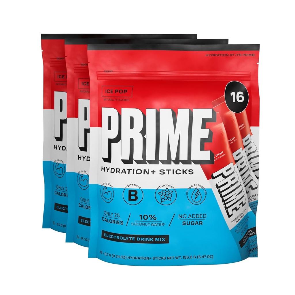 PRIME HYDRATION+ Sticks ICE POP | Hydration Toz Single Servis Sticks | Electrolyte Toz On The Go | Low Sugar | Caffeine-Free | Vegan | 48 Sticks