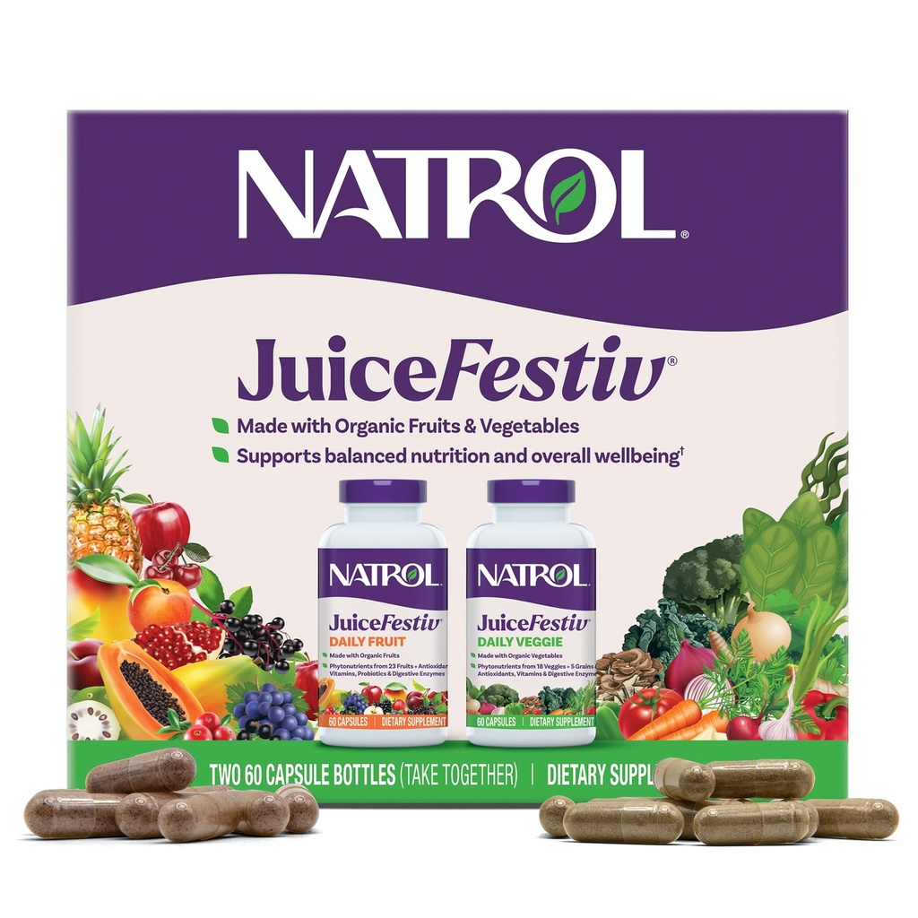 Natrol JuiceFestiv, The Ultimate Fruit and Veggie Super-Food to Support Balanced Nutrition and General Well-Being, Plus Antioksis for Cellular Health, 60 Capsules (2-Count)