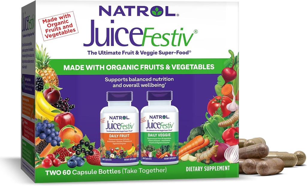 Natrol JuiceFestiv, The Ultimate Fruit and Veggie Super-Food to Support Balanced Nutrition and Overall Well-Being, Plus Antioxidants for Cellular Health, 60 Capsules (2-Count), Up to a 30 Day Supply