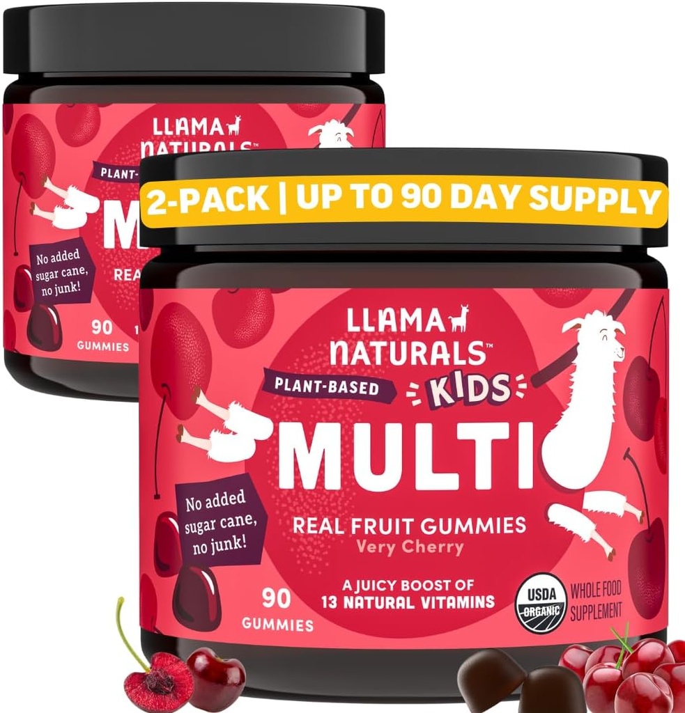 Llama Naturals Kids Multivitamin Gummies, Vegan, Vitamin D, C & K, Toddler Real Fruit Gummy Vitamins, Chewable Supplement, Whole Food Multivitamin, No added Sugar Cane, Cherry, 2 Pk