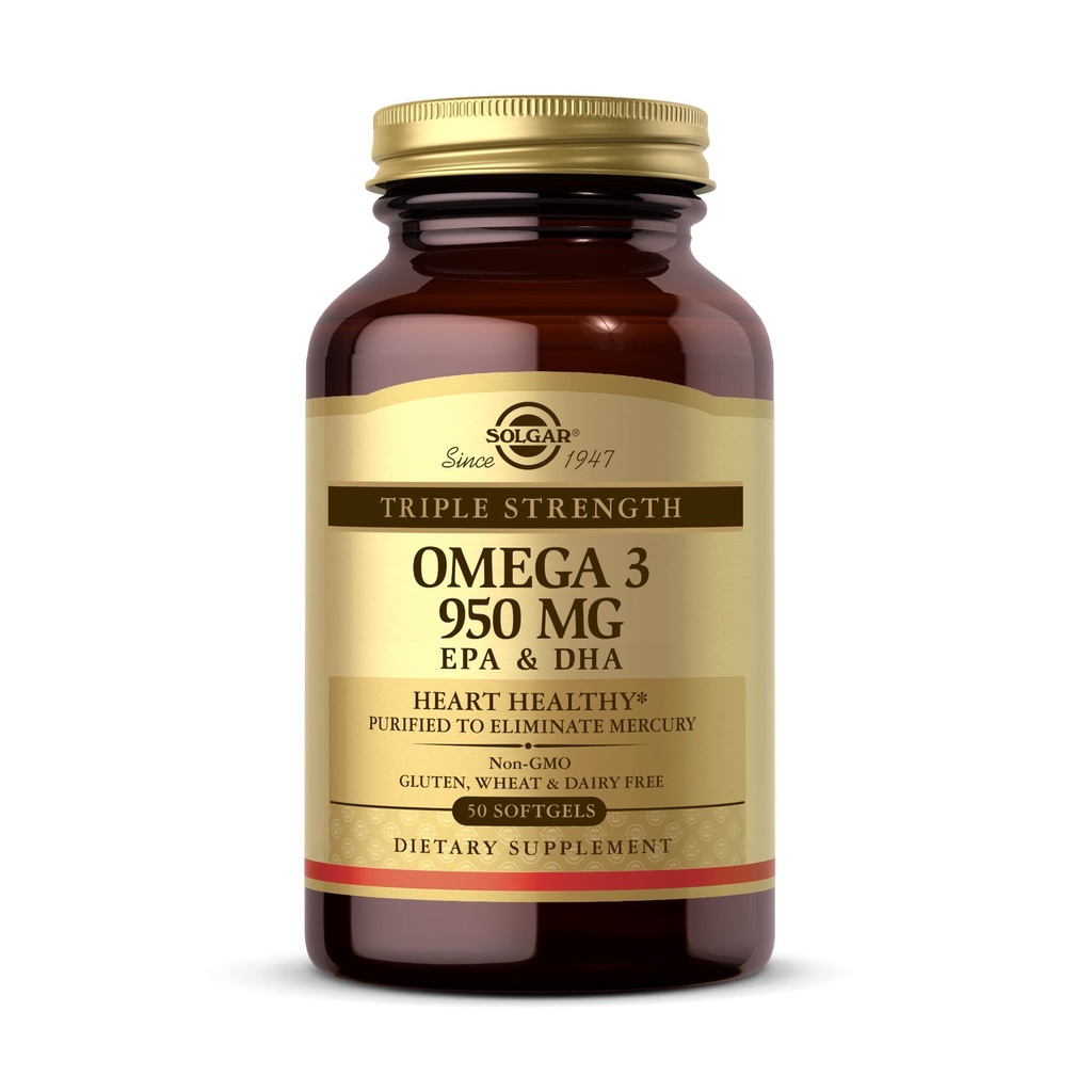 Solgar Triple Strength Omega 3 950 mg - 50 Softgels - Υποστηρίζει Κοινή & Δερματική Υγεία - Μη ΓΤΟ, Χωρίς Γλουτένη, Χωρίς Γαλακτοκομικά - 50 Μερίδες