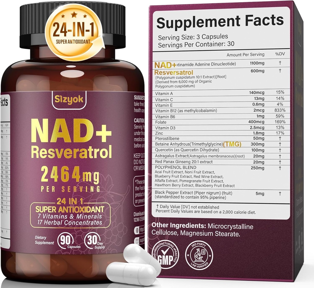 NAD Supplement 1100mg Pure Organic, Liposomal NAD Resveratrol Supplement for Women & Men, Boost NAD+ for Aging Defense, Cellular Energy, Focus - Ultra Antioxidant, 90 Capsules