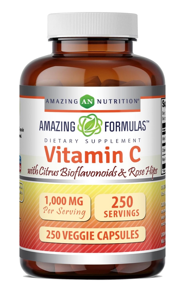 Amazing Formulas Vitamin C ile Rose HIPS & Citrus Bioflavonoids | 250 Veggie Capsules | Non-GMO | Gluten-Free | Made in USA