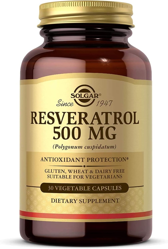 Solgar Resveratrol 500 mg, 30 κάψουλες λαχανικών - Αντιοξειδωτική προστασία - Χωρίς γλουτένη, χωρίς γαλακτοκομικά - 30 Σερβιέτες