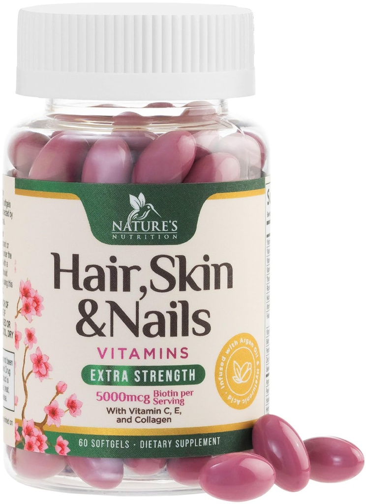 Saç, Skin & Nails for Women - Biotin 5000mcg to Support Hair Growth with Argan Oil, Collagen & Hyaluronic Acid, Beautiful, Güçlü Skin, Hair & Nails Supplement - 60 Softgels