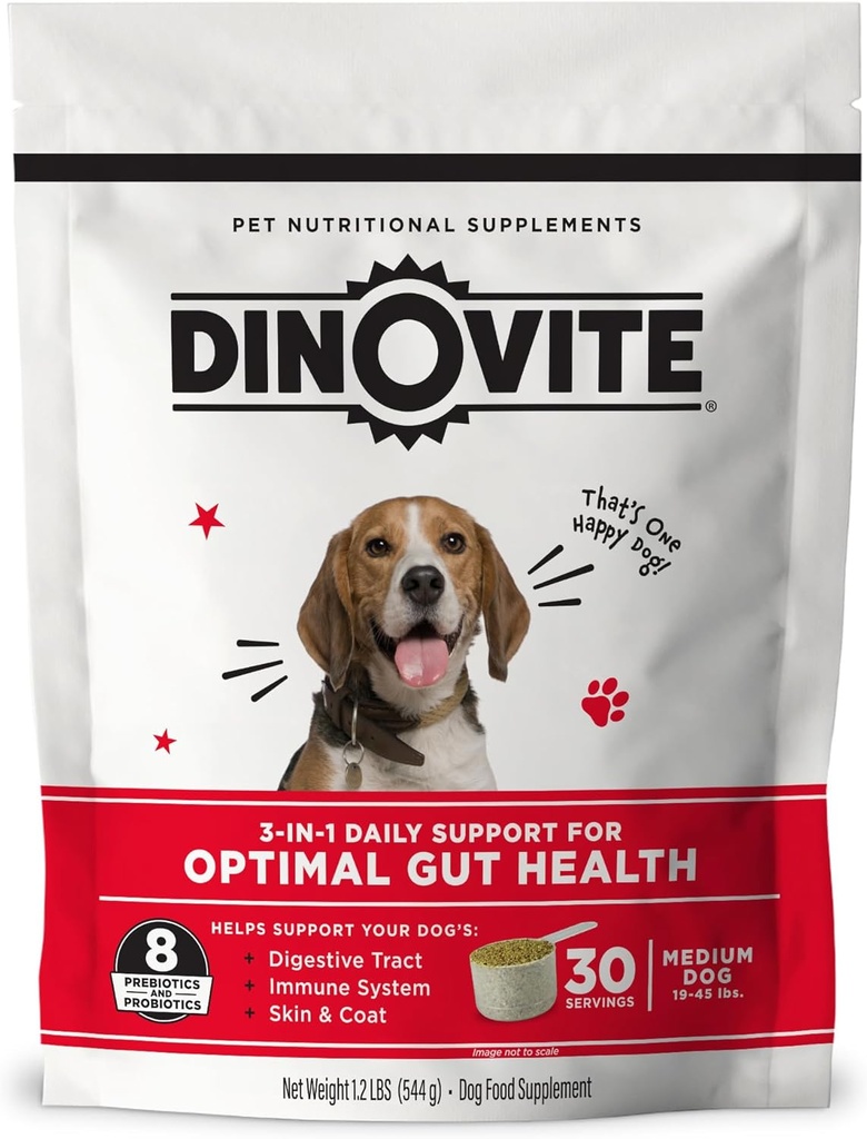 Dinovite 3 σε 1 Probiotic για Μεσαίου Σκύλους, Δέρμα & Coat, Digestive Health & Joint Relief, Dog Food Toppers, Ανοσολογική Υποστήριξη, Αλλεργία Ανακούφιση & Itch Relief Δερματική Φροντίδα, 30 Σερβιέτες (18-45lb)
