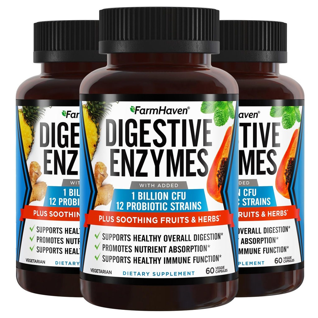 Farm Haven Digestive Enzymes with 18 Probiyotiks & Herbs | Papaya, Bromelain, Protease & More for Lactose Abxia & Better Digestion | Helps Bloating, Gas, Constipation | Vegetarian, 180 Capsules