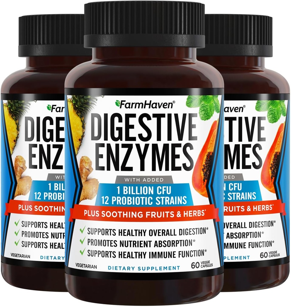 Farm Haven Digestive Enzymes with 18 Probiyotiks & Herbs | Papaya, Bromelain, Protease & More for Lactose Abxia & Better Digestion | Helps Bloating, Gas, Constipation | Vegetarian, 180 Capsules