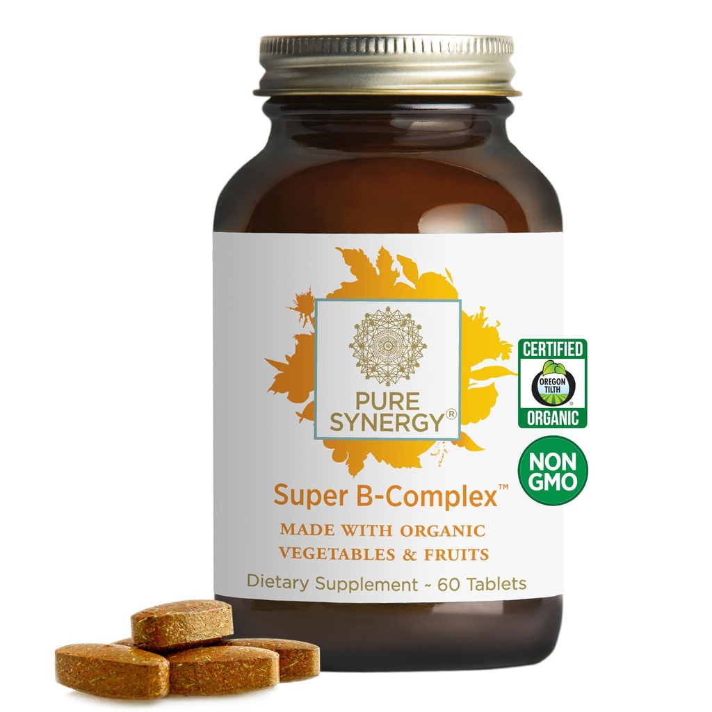 PURE SYNERGY Super B-Complex | Vitamin B Kompleksi Organik Tüm Gıdalarla Yapıldı | Doğal Vitamin B12, Niacin ve Folate | Enerji, Focus ve Mood Support (60 Tablet)