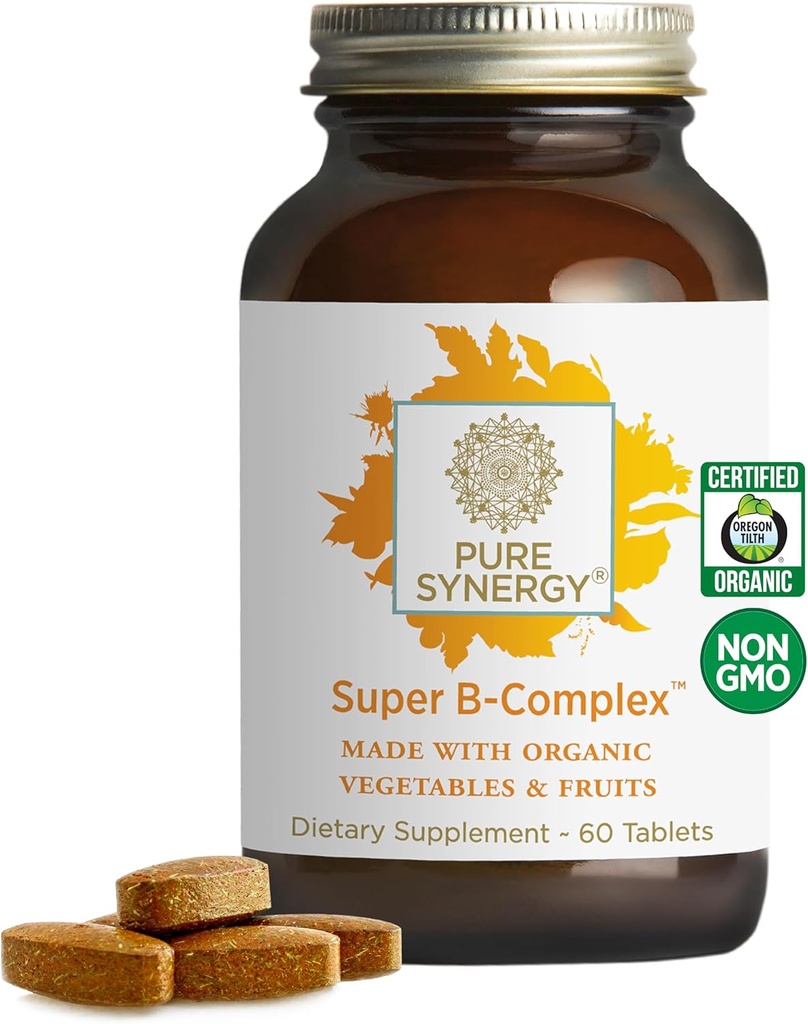 PURE SYNERGY Super B-Complex | Vitamin B Kompleksi Organik Tüm Gıdalarla Yapıldı | Doğal Vitamin B12, Niacin ve Folate | Enerji, Focus ve Mood Support (60 Tablet)