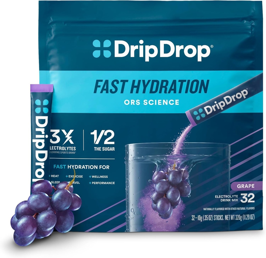 DripDrop Hydration Packets - Grape - Single Serve Electrolytes Toz Mix - Non-GMO, Gluten Free, Vegan - 32 Sticks