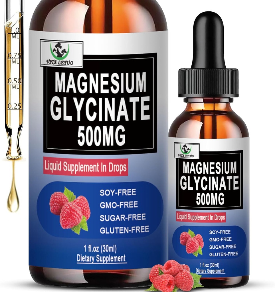 Pure Magnesium Glycinate | Liquid Magnesium Supplement 500mg for Sleep, Nerve, Bone and Heart Health | Vegan Glycinate Mag Liquid Drops 6X High Absorption | Non-GMO, Gluten-Free | 30 Servings