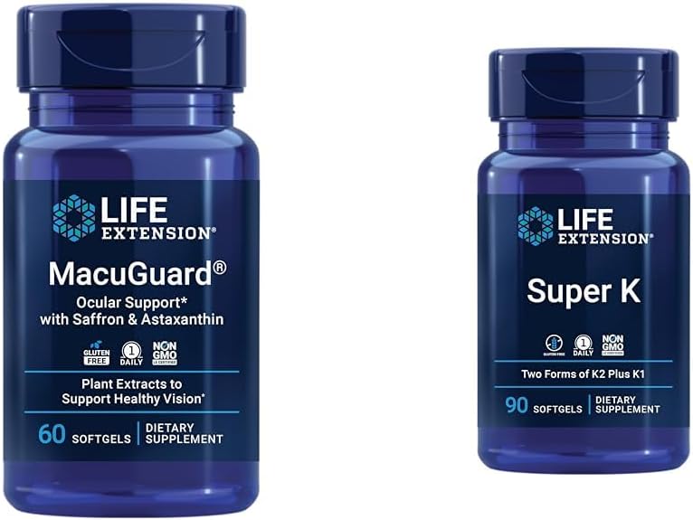 Life Extension Macuguard Eye Health Supplement with Lutein, Meso-Zeaxanthin, Saffron & Astaxanthin - 60 Kont and Super K Vitamin K1 K2 MK-7 MK-4 Vitamin C - 90 Softgels