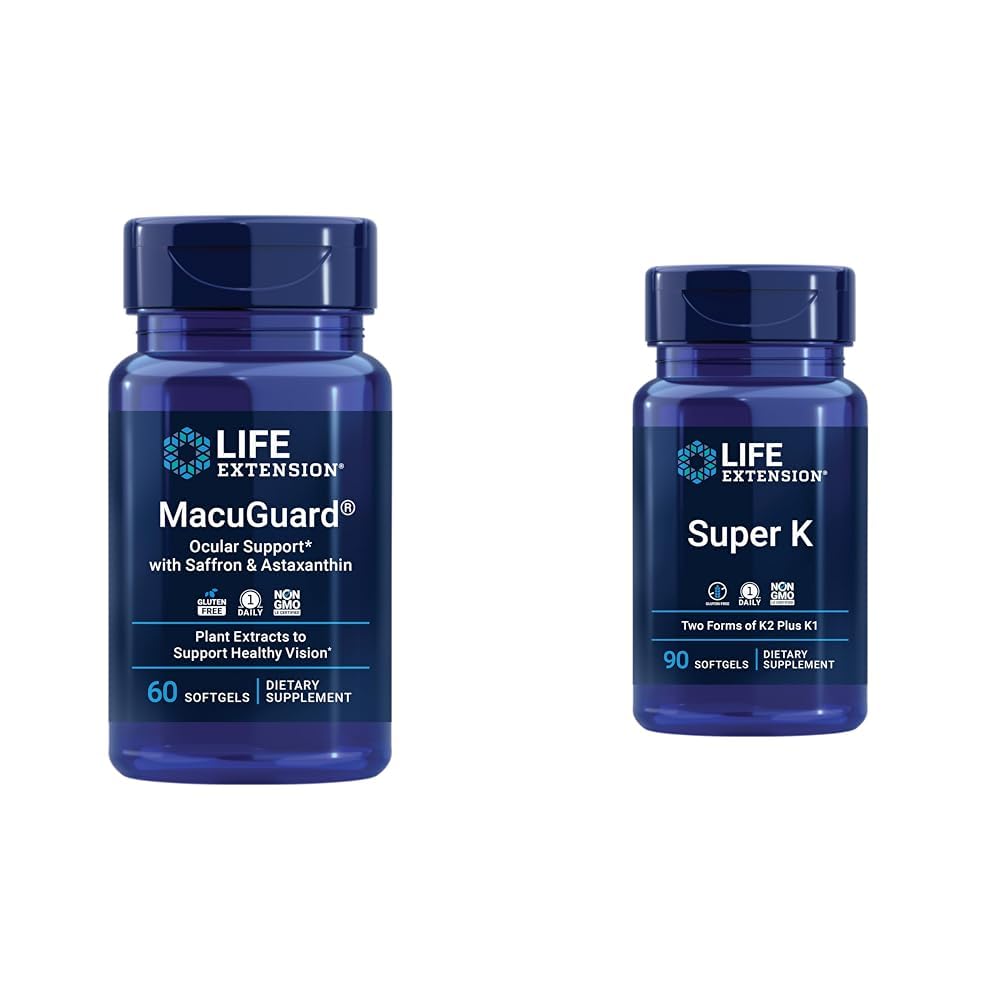 Life Extension Macuguard Eye Health Supplement with Lutein, Meso-Zeaxanthin, Saffron & Astaxanthin - 60 Kont and Super K Vitamin K1 K2 MK-7 MK-4 Vitamin C - 90 Softgels