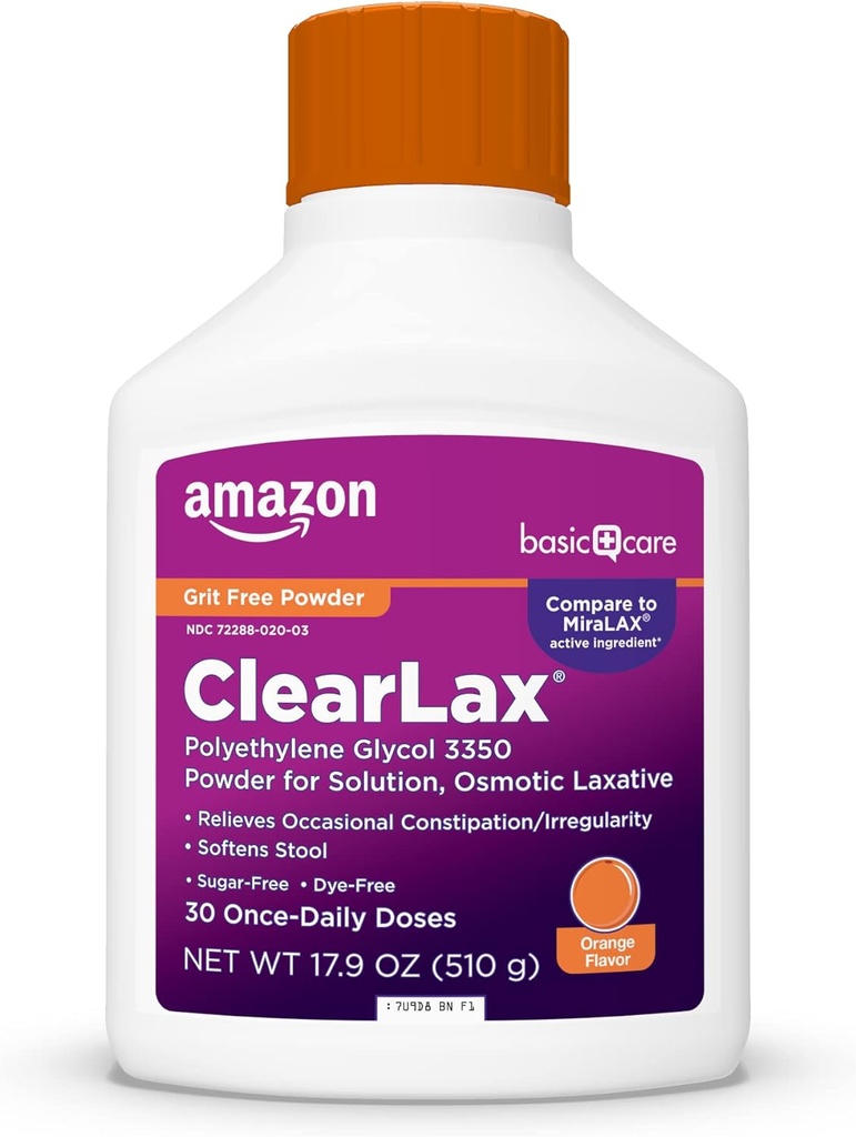 Basic Care ClearLax Polyethylene Glycol 3350 Κόνις για Λύση, Πορτοκαλί Γεύση, Οσμωτική Λάξευση, Αποσκληρυντής Στολών, Ανακουφίζει Περιστασιακή Δυσκοιλιότητα, 1,11 λίβρα (Pack of 1)