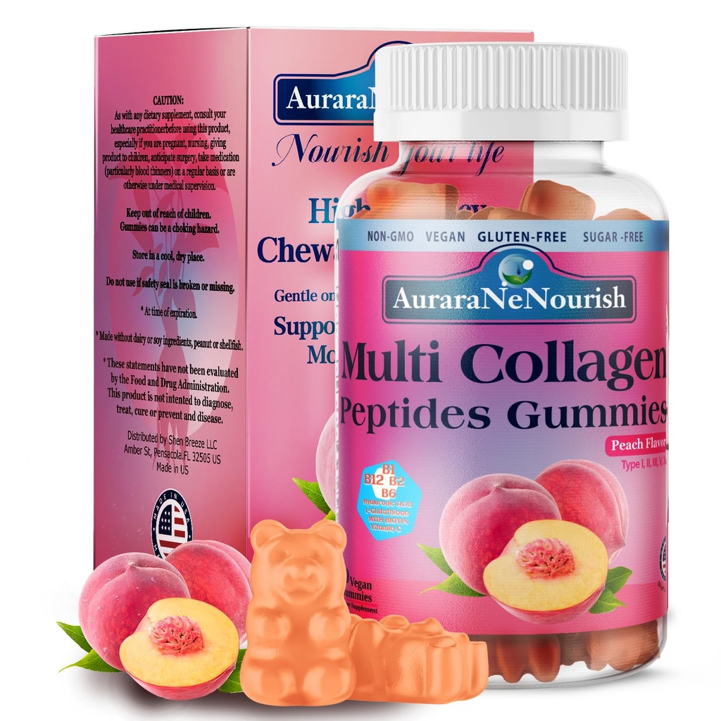 Πολυ κολλαγόνο Peptides Gummies, Ζάχαρη χωρίς υδρολύματα 5000mg Πρωτεΐνη丨Τύπος I,II,III,V,X με Βιοτίνη Υαλουρονικό Οξύ Βιταμίνη C A D B6 B12 L-Γλουταθειόνη για Δερμάτινα Καρφιά Κοινό Οστό -Peach Gummies