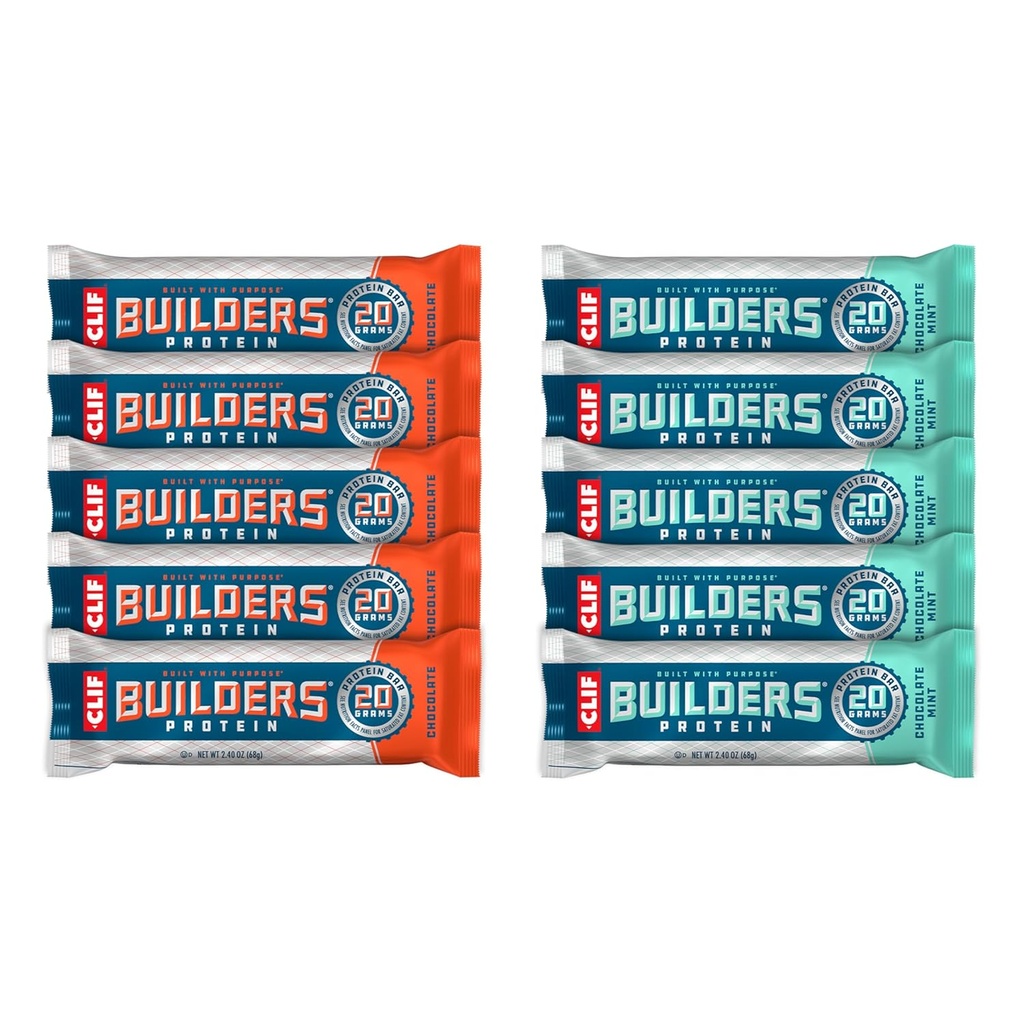 CLIF Builders - Chocolate Mint ve Chocolate Flavor - Çeşitli Paket - Bitki bazlı Protein Barlar - Gluten Free - Non-GMO - Low Glycemic - 20g Protein - 2.4 oz. (10 Count)