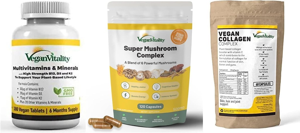 Vegan Vitality Booster Συμπληρώματα Bundle - Vegan multivitamins, Collagen και Super Mushroom Complex. Φόρμουλα υψηλής αντοχής για τη συνολική υγεία για τους χορτοφάγους και τους χορτοφάγους