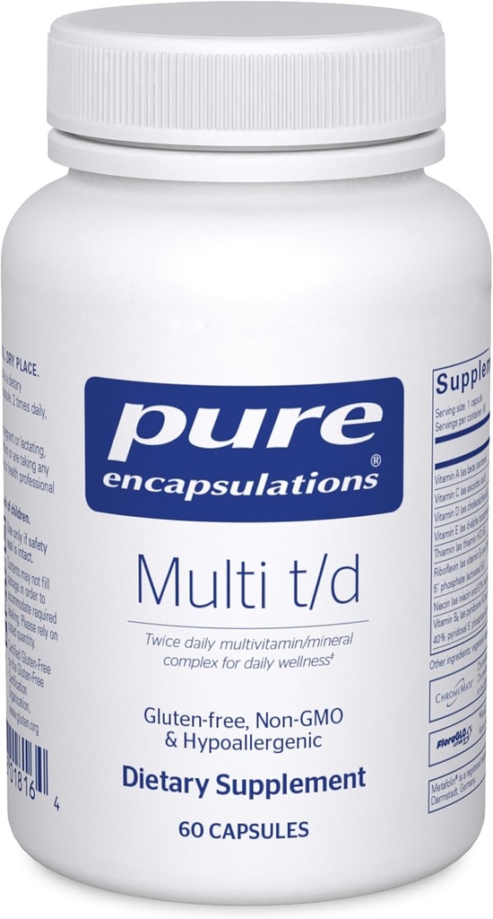 Pure Encapsulations Multi T/D - Multivitamin & Mineral Supplement - Για Καθημερινή Ευεξία, Καρδιαγγειακή & Ανοσολογική Υγεία* - Πλούσιο σε Βιταμίνες & Ορυκτά - Χωρίς Γλουτένη & Χορτοφαγικά - 60 Κάψουλες