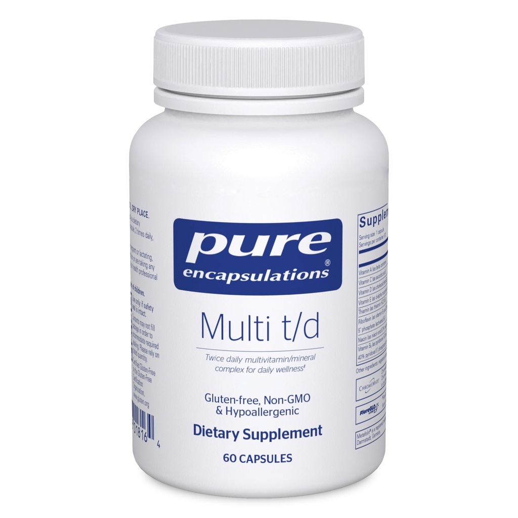 Pure Encapsulations Multi T/D - Multivitamin & Mineral Supplement - Για Καθημερινή Ευεξία, Καρδιαγγειακή & Ανοσολογική Υγεία* - Πλούσιο σε Βιταμίνες & Ορυκτά - Χωρίς Γλουτένη & Χορτοφαγικά - 60 Κάψουλες