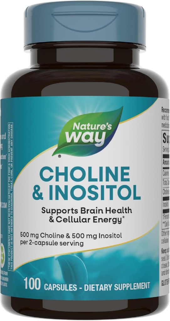 Nature's Way Choline & Inositol, Υποστηρίζει την Εγκεφαλική Υγεία & Κυτταρική Ενέργεια*, 500 mg Choline & 500 mg Ινοσιτόλη ανά 2-καψούλη που σερβίρεται, Χωρίς Γλουτένη, 100 κάψουλες (συσκευασία Μαΐου Vary)