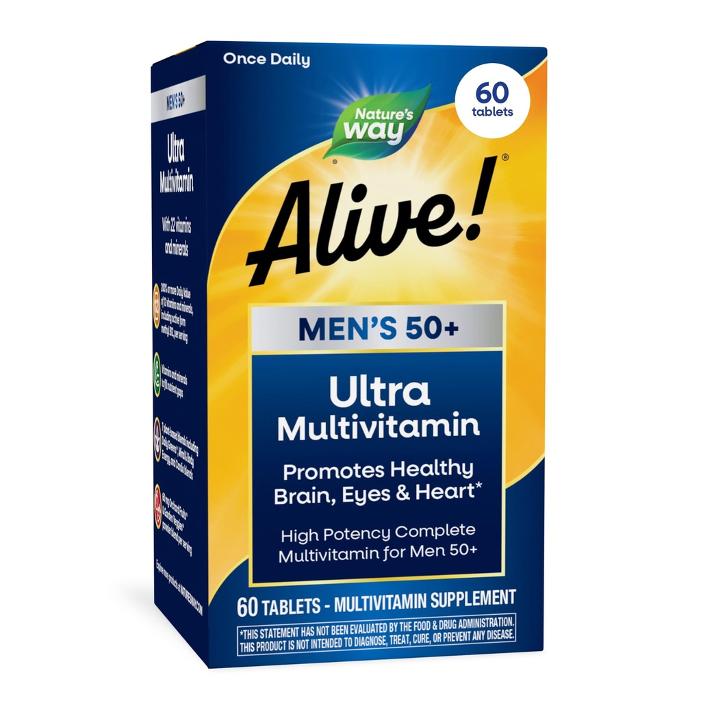 Doğanın Yolu Alive! Erkeklerin 50+ Günlük Ultra Multivitamin, Yüksek Potency Formula, Sağlıklı Beyin, Gözler ve Kalp*, Metilated B12, Gluten-Free, 60 Tabletler (Pazarlamalar Vary)