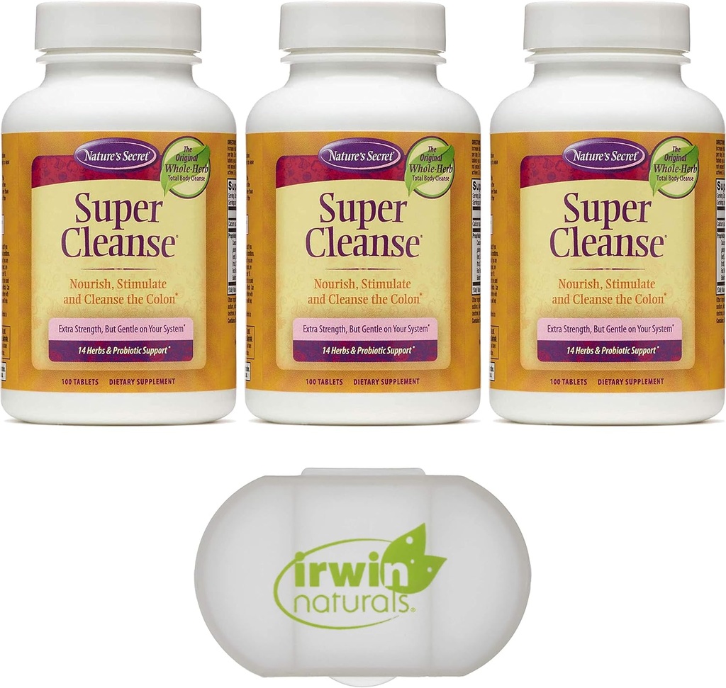 Nature's Secret Super Cleanse Extra Strength Toxin Detox & Gentle Elimination Total Body Cleanse, Digestive & Colon Health Support, 3 Packs of 100 Tablet, Pill Case