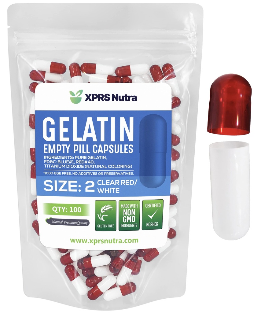 XPRS Nutra Μέγεθος 2 Κενές κάψουλες - 100 Count Empty Gelatin Κάψουλες - Χάπια DIY Καψάκιο Γέμισμα - Καθαρά καπάκια τζελ Μπόβιν Χάπι για Do-It-Yourself Συμπληρώματα (Καθαρό κόκκινο/λευκό)