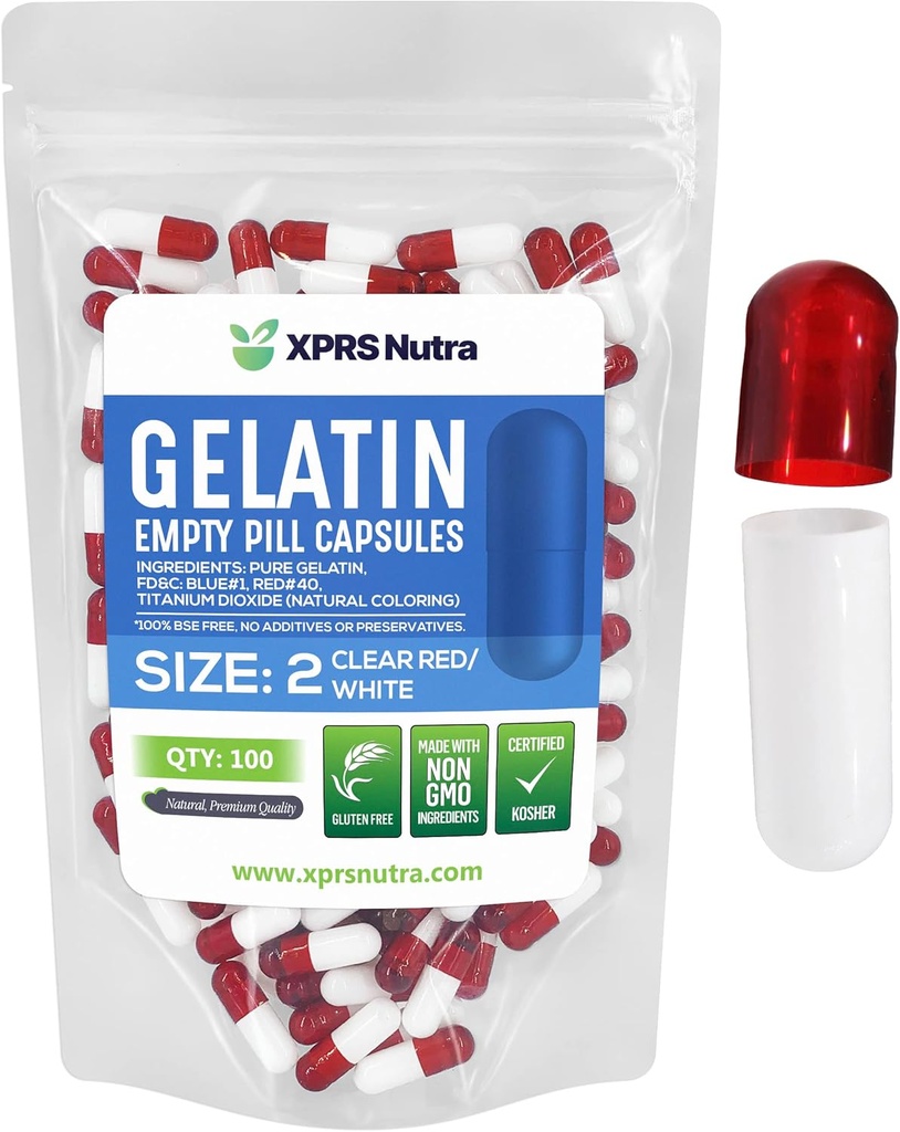 XPRS Nutra Boyutu 2 Boş Kapsüller - 100 Kont Boş Gelatin Capsules - Pills DIY Capsule - Pure Bovine Pill Gel Caps For Do-It- Yourself Supplements (Clear Red/White)