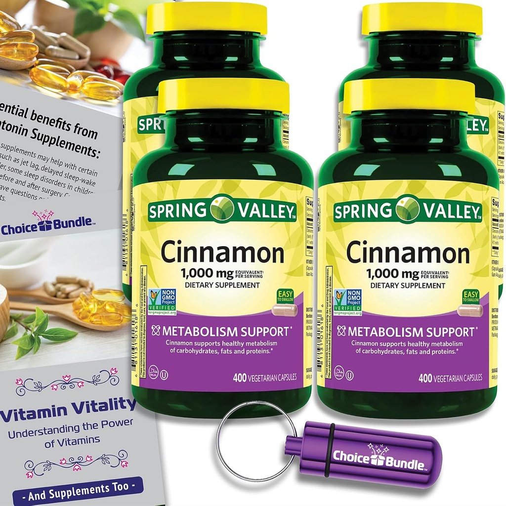 Seçenek Sche Spring Valley Cinnamon Dietary Supplement 1000 mg 400 ct Vegetarian Capsules 4 pk1600 ( Total) + "Vitamin Vitality" Guide & Pill Konteyner (6)!