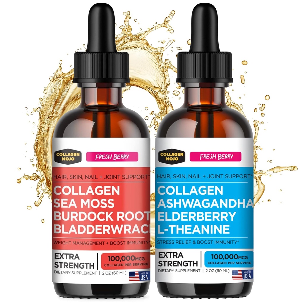 Sea Moss ile Collagen Mojo Liquid Collagen,, Burdock Root & Bladderwrack + Sıvı Collagen, with Ashwagandha, Elderberry & L-Theanine