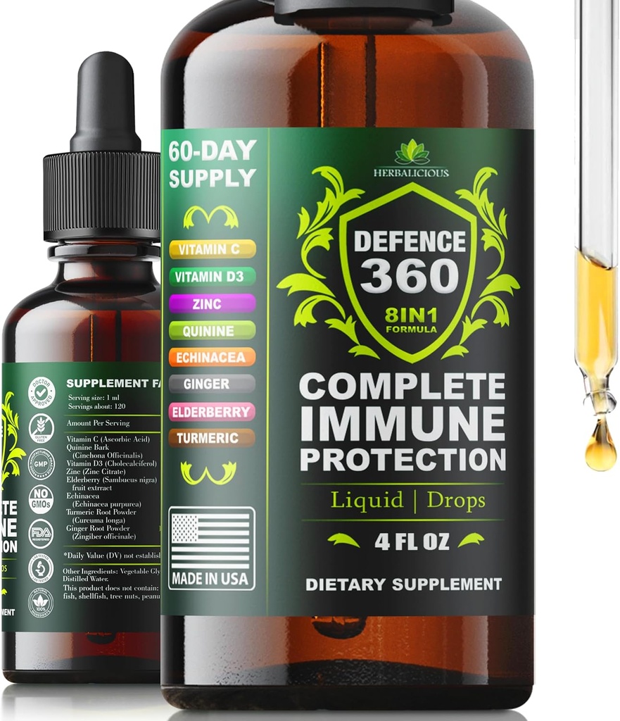Savunma360 Immune Support 8-in-1 Liquid Supplement with Vitamin C, D3, çinko, Elderberry, Echinacea, Turmeric, Ginger & Quinine - Tamam Immune Protection (4 FL OZ)