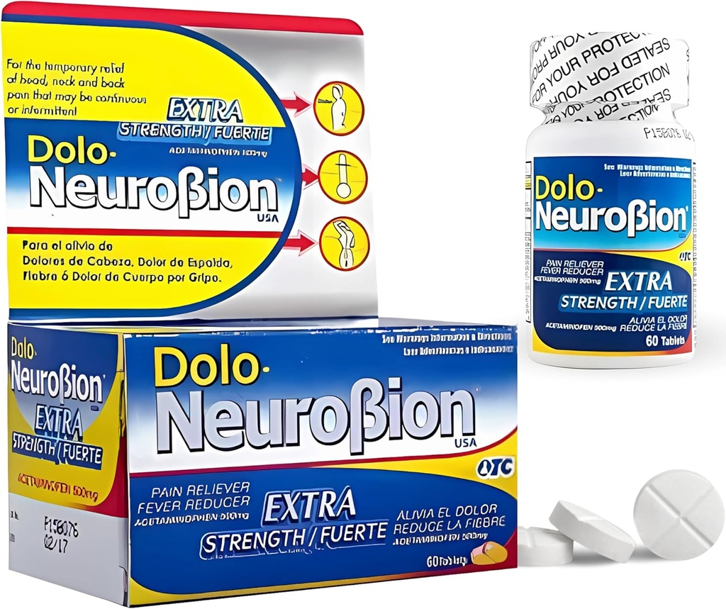 Dolo Neurobion Pain Reliever, Ateş Tespiti, Ekstra Güç. Alivia el Dolor,Reduce la Fiebre, Ekstra Fuerte. 60 Tabletler. Acetaminophen 500 mg