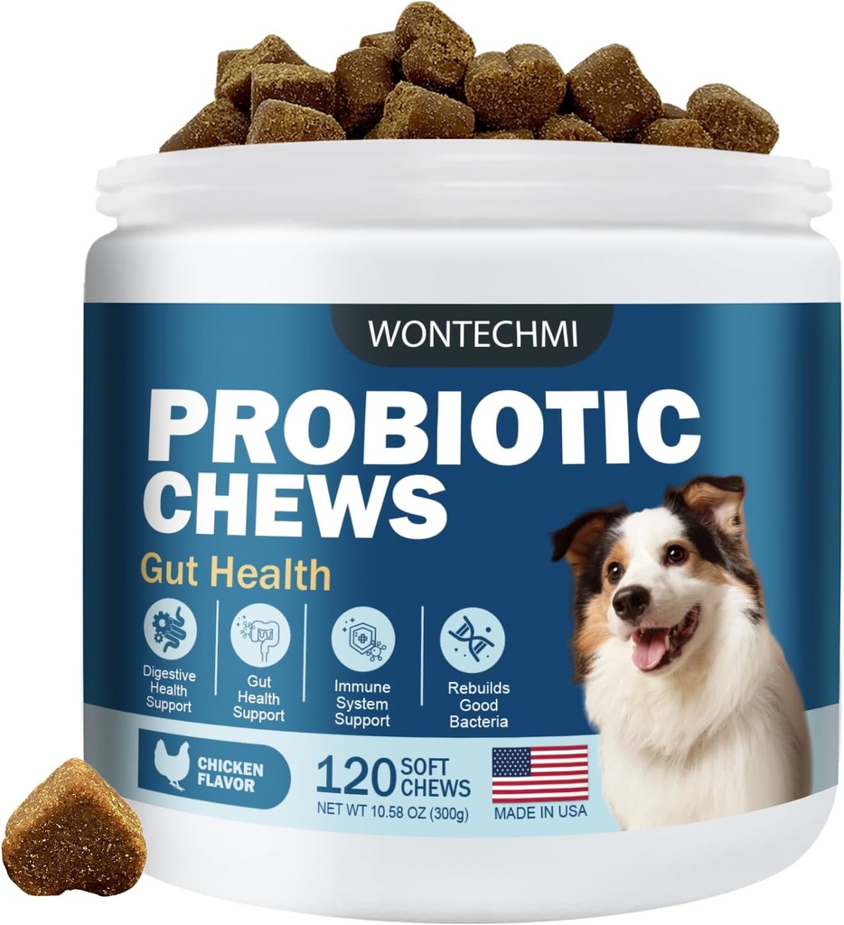 Probiotics for Dogs, Improve Itchy Skin Itchy Ears, Gut Health, Yeast Balance, Allergies, Immunity, Dog Probiotics and Digestive Enzymes with Prebiotics, Reduce Diarrhea (Chicken, 120 chews)