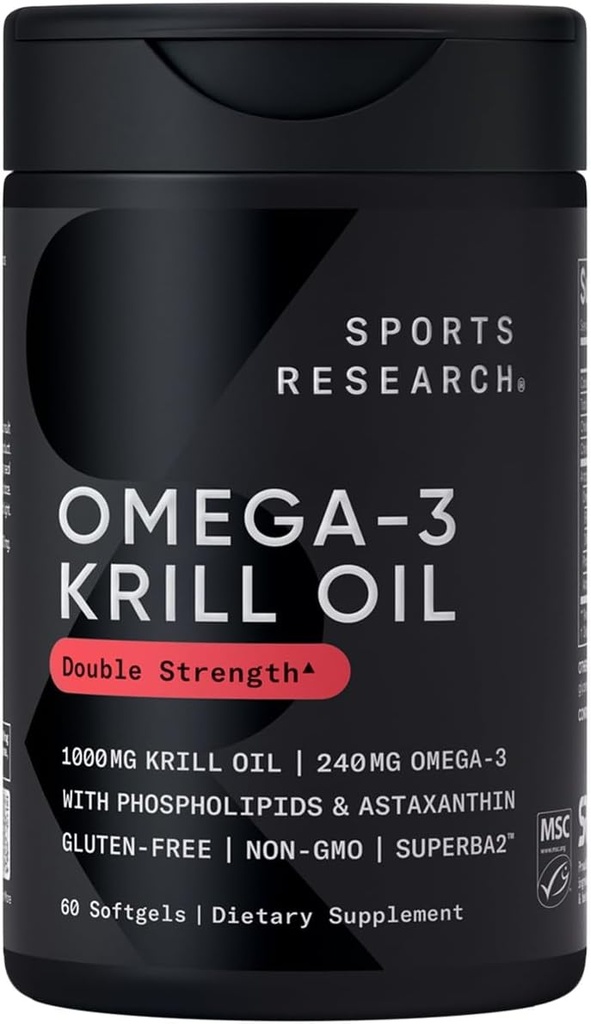Sports Research® Omega-3 Krill Oil 1000mg - Pure Antarktika Superba Krill with Phospholipids, Choline & Astaxanthin - MSC Sertifikalı Sürdürülebilir · Gluten Ücretsiz - 60 Softgels