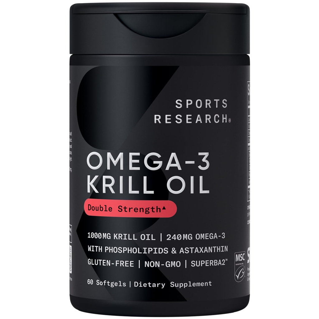 Sports Research® Omega-3 Krill Oil 1000mg - Pure Antarktika Superba Krill with Phospholipids, Choline & Astaxanthin - MSC Sertifikalı Sürdürülebilir · Gluten Ücretsiz - 60 Softgels