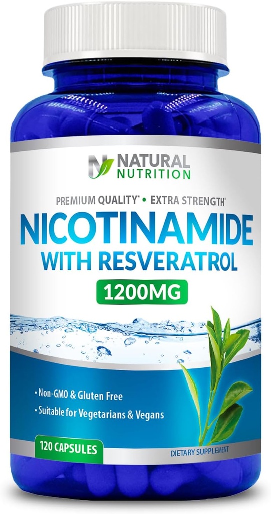 Genric Natural Vitamin Ekstra Strength Nicotinamid with Resveratrol 1200 mg (Vitamin B-3) 120 Veggie Capsules Gluten Free & Non-GMOMOMO