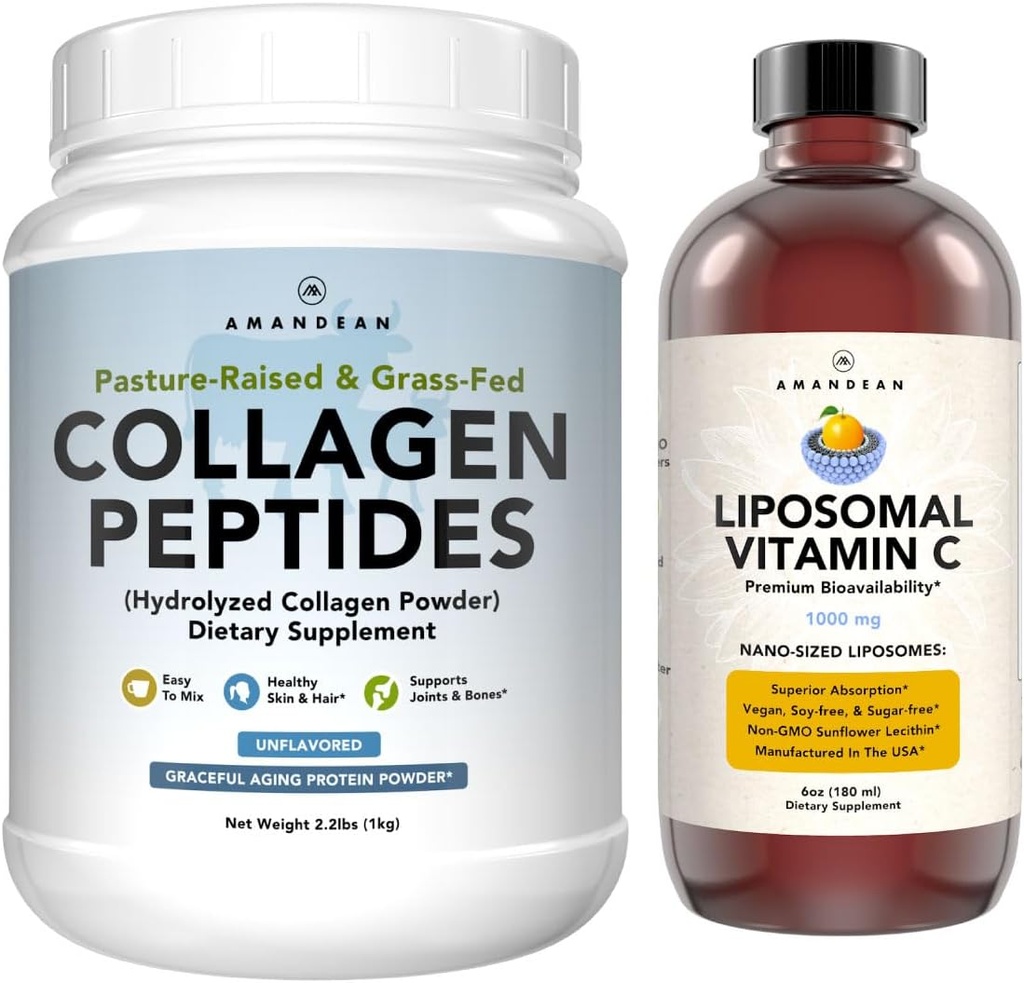 AMANDEAN Premium Liposomal Vitamin C & Bovine Collagen Peptides Bundle. Ισχυρό Αντιοξειδωτικό. Υγρό Quali-C. Grass-Fed Collagen. Υδρολυμένος Τύπος 1 & 3. Ανοσολογική Υποστήριξη. Υγιεινό δέρμα, μαλλιά και νύχια