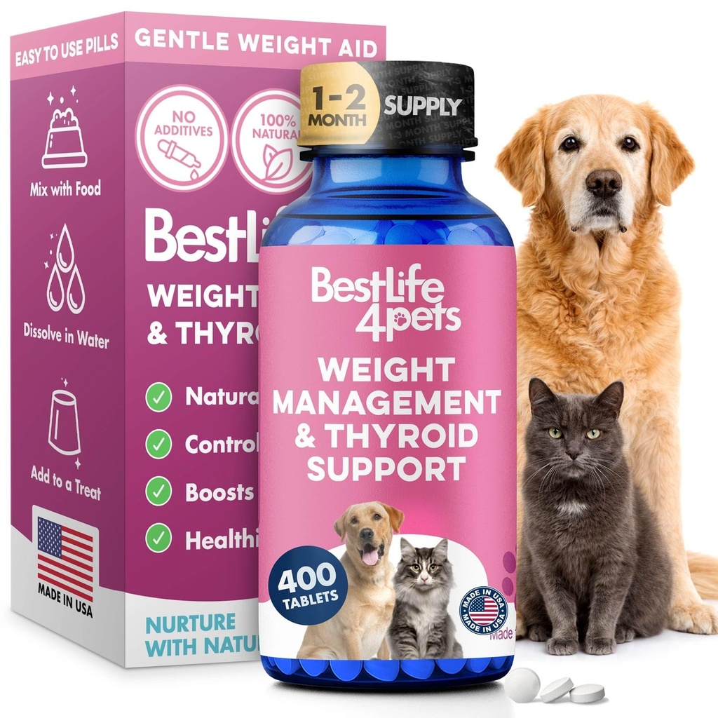 Kilo & Tiroid Köpekler ve Kediler için destek, Açlık Kontrolü için Doğal Çözüm, Metabolism Desteği, Optimal Tiroid Fonksiyonu, Etkili Köpek ve Kedi Kilo Kaybı, 400 Odorless, Tasteless Pills