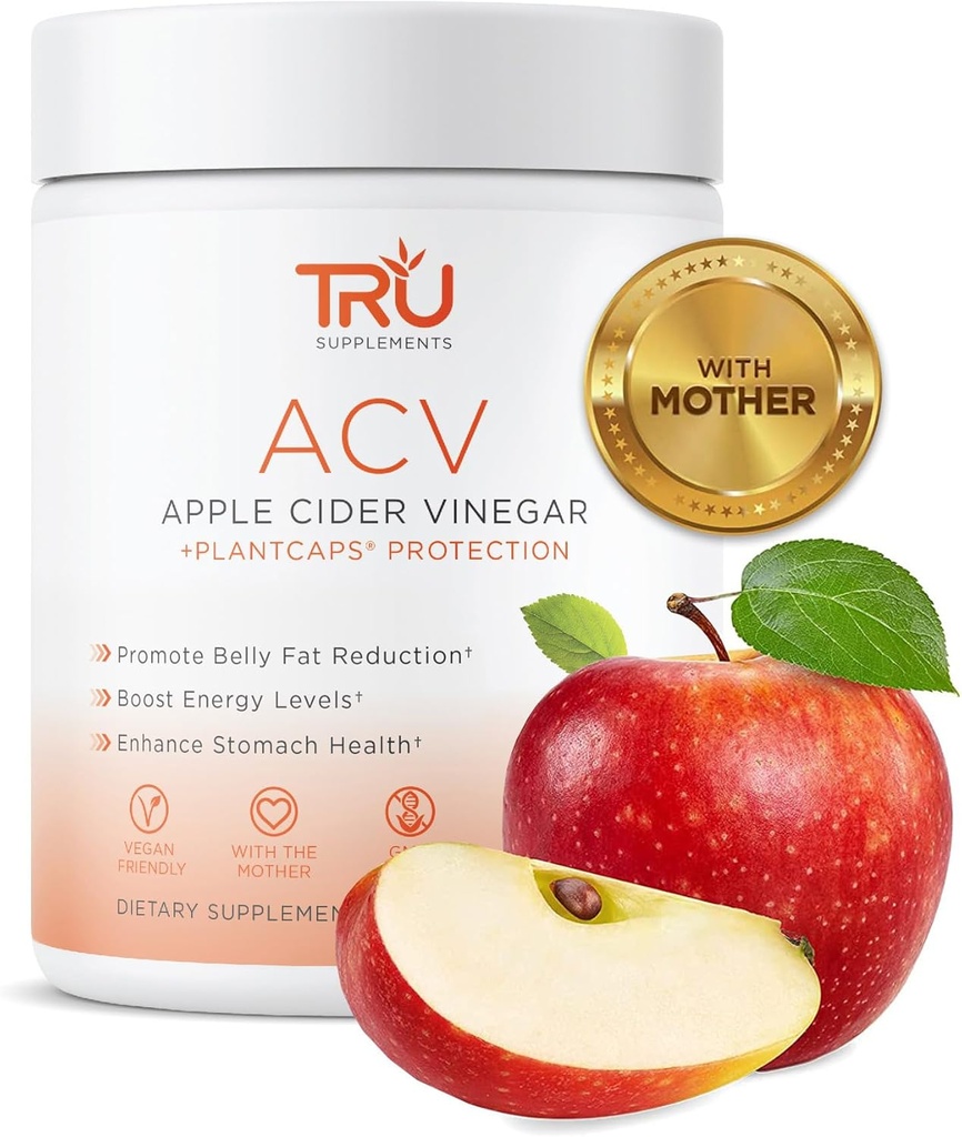 TRU Supplements ACV, Apple Cider Vinegar, Organik ACV with The Mother, improves Digestion and Skin Health, 45 Hizmet, 1000 mg
