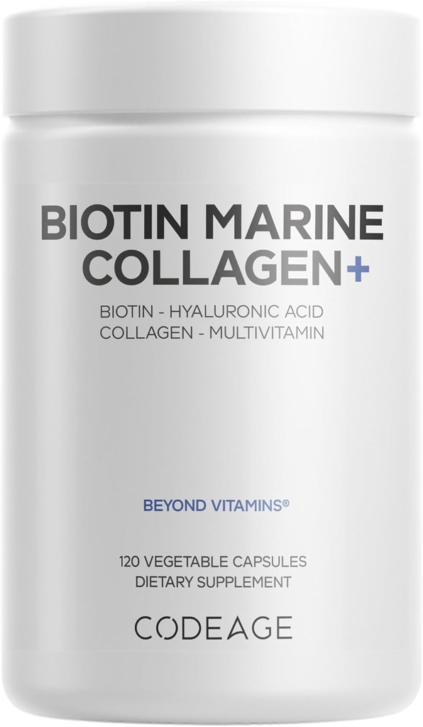 Codeage Biotin Marine Collagen, - Wild-Caught Marine Collagen Tip I & III, Biotin, Vitaminler C & E, Hyaluronic Asit, Amino Asits, Meyve ve Herb Mixs, Non-GMO - 120 Capsules