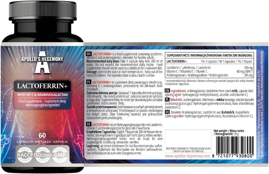 APOLLO'S HEGEMONY Lactoferrin+ 100 mg - C ve Arapinogalactan - 60 Vegan Capsules - 2 Ay Supply - Geliştirilmiş Immunity ve Iron Abxia