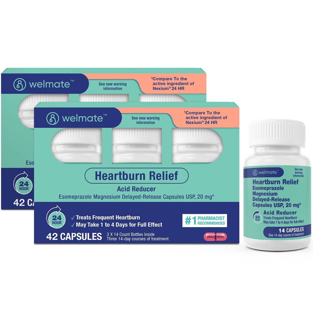 WELMATE - Esomeprazole Magnesium 20 mg - Heartburn Medicine - Acid Reducer - Αναστολή απελευθέρωσης Heartburn Relief - 24hr Protection - for Men & Women - 84 Capsles - 2 Pack