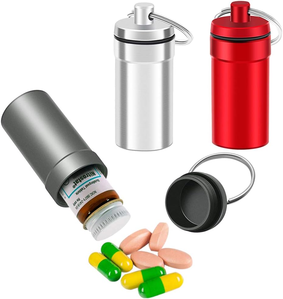 3 Packs Waterproof Aluminum Pill Fob Container, EFFIET Nitro Bottle Holder Nitroglycerin Pill Case Emergency Keychain Pill Holder for Medicine Organizer Dispenser (Silver-Matt-Red)
